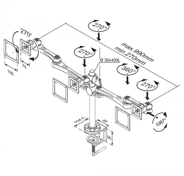 Neomounts fpma-d930d dual lcd led tft bureausteun, 2x 10-30 , 15 kg, 0-50 cm, 75x75, 100x