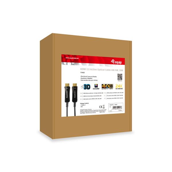 Utstyr 119430 HDMI 2.0 Aktiv optisk kabel, HDMI Type A -> HDMI Type A 3D, 18 Gbit S, 30M, Black