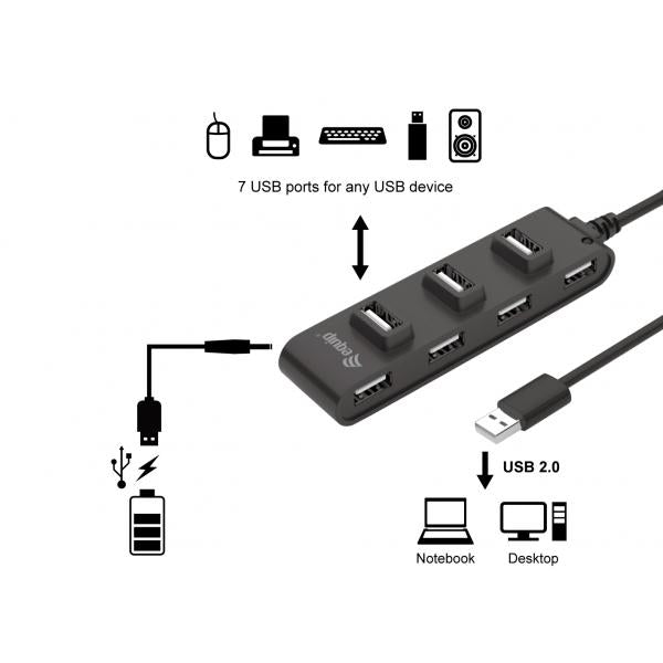 Utrusta 128957 7-port USB 2.0-nav, USB 2.0, USB 2.0, 480 Mbit S, svart