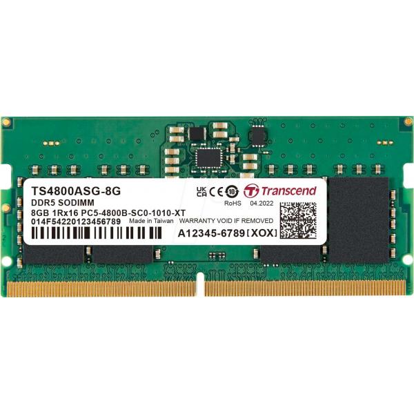 Transcende JM4800ASG-8G Jetram DDR5, 8 Go, So-DIMM, 4800 MHz, 1RX16, 1GX16, CL40, 1,1 V