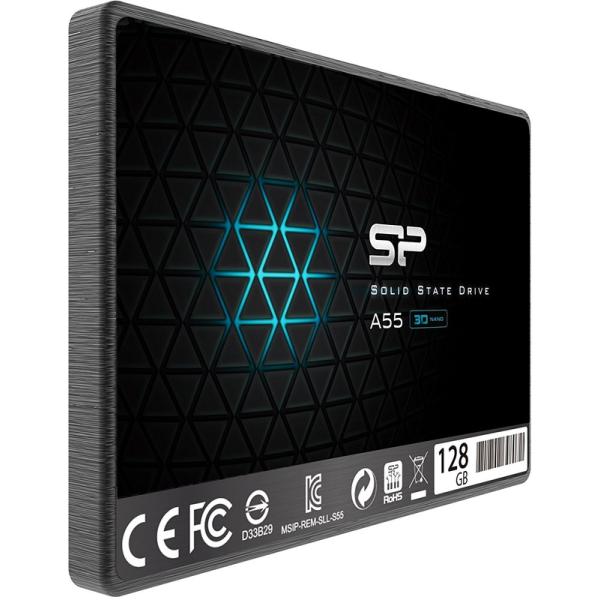 Silicium Power SP128GBSS3A55S25 ACE A55 SSD, 128 GB, 7 mm 2,5 tommer, SATA3, 3D NAND, SLC CACHE