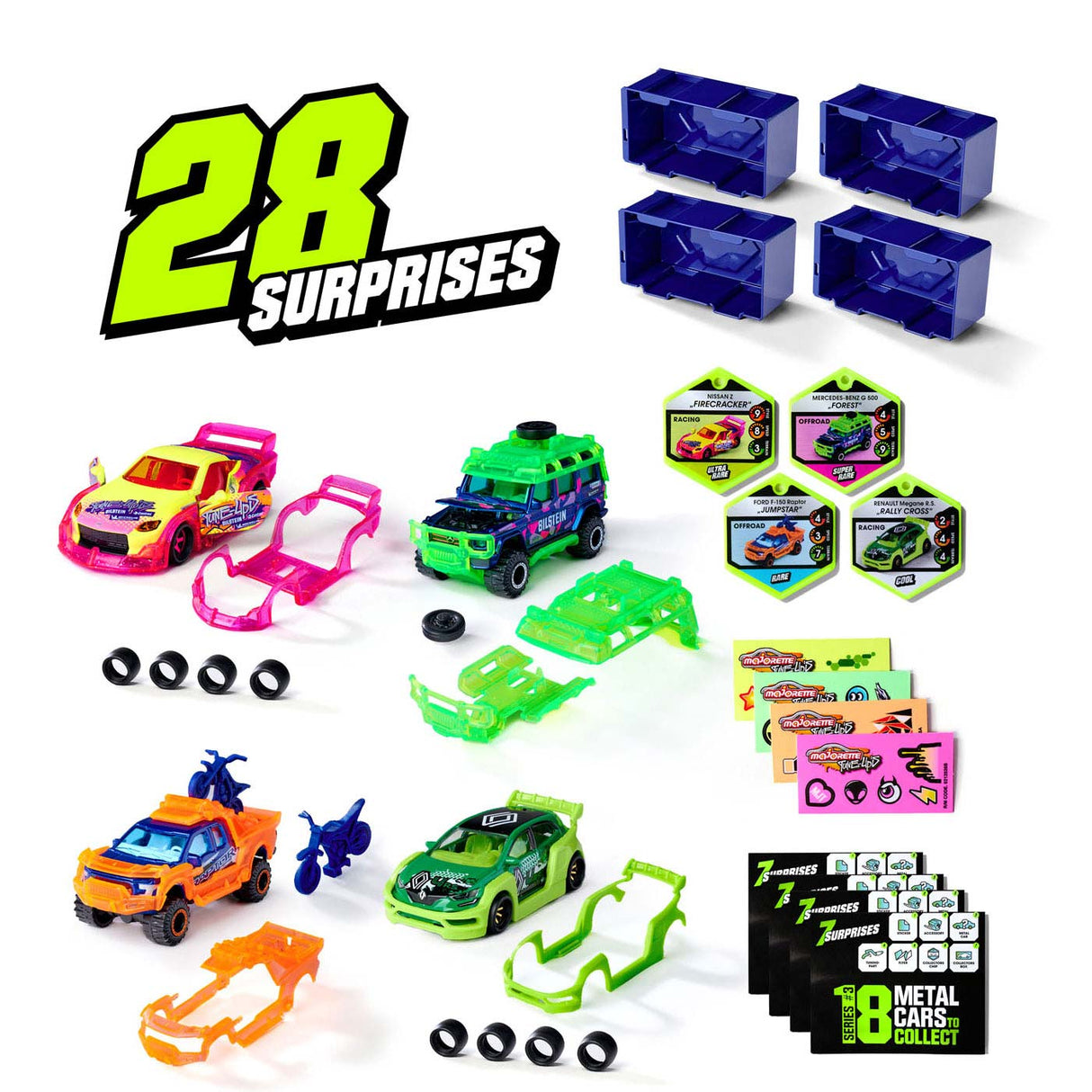 Le 3 auto da corsa di Majorette Tune Up con 28 sorprese, set di 4