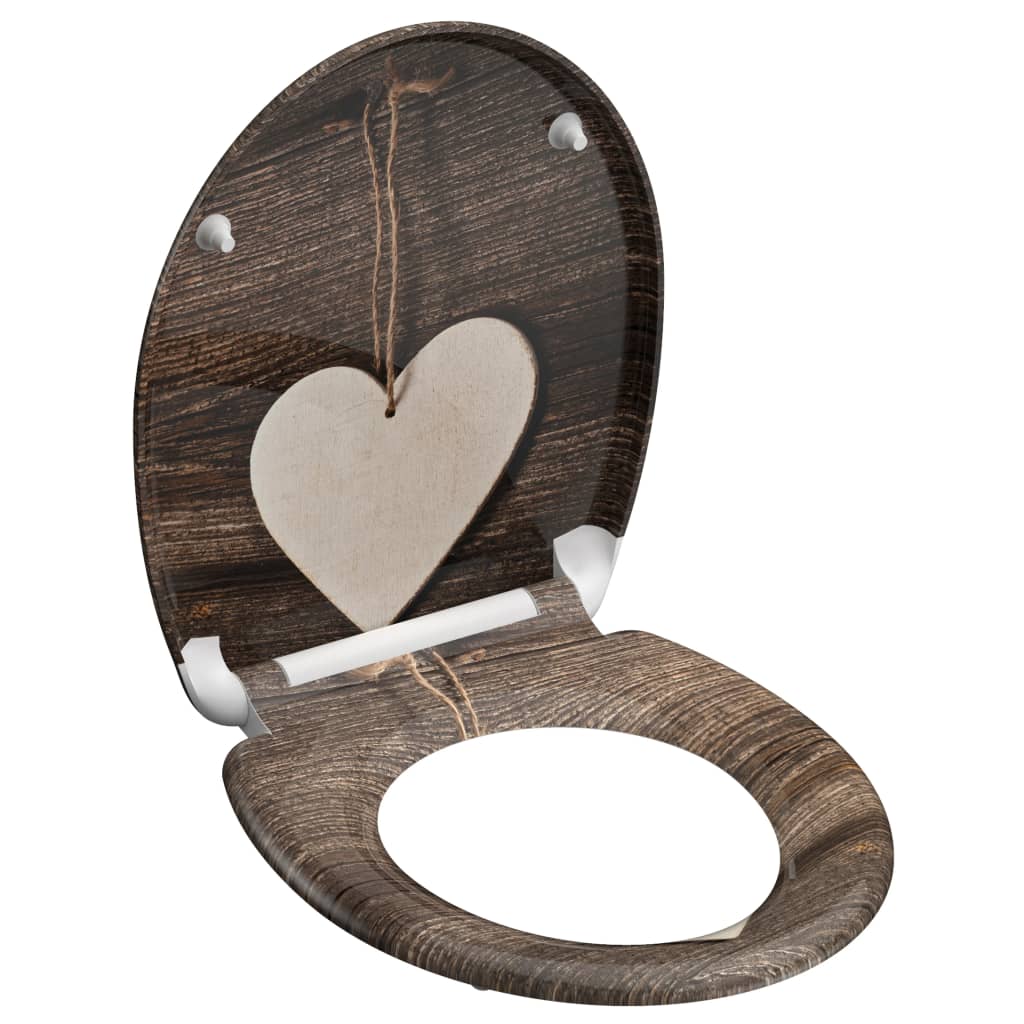 Schütt Toilette Sëtz mat mëller-zouem Holz Häerz Duroplast mam Drock