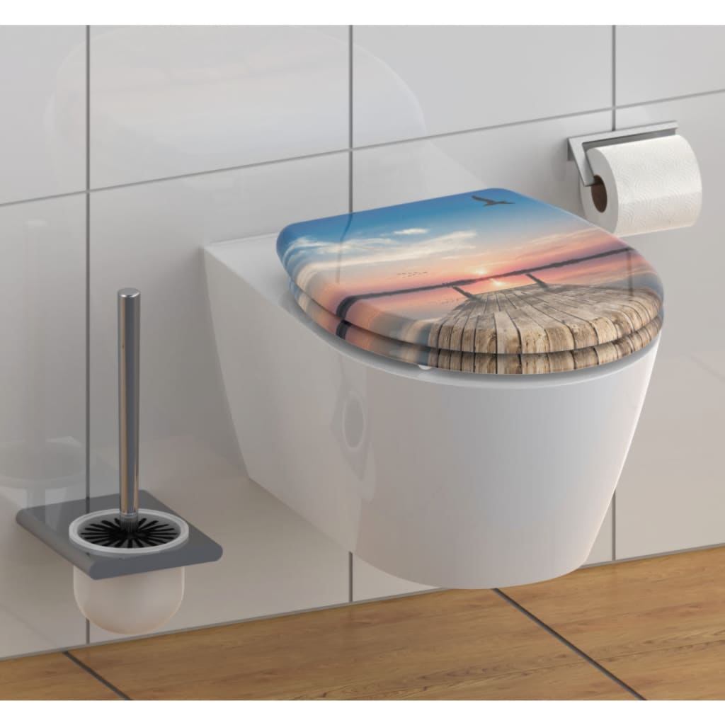 Schütt Toilette Sëtz mat mëllen-zou Quick-Fräisetzung Sonnenënnergang Himmel