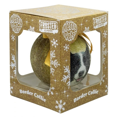 Mange gaver jule ball frostet border collie geel