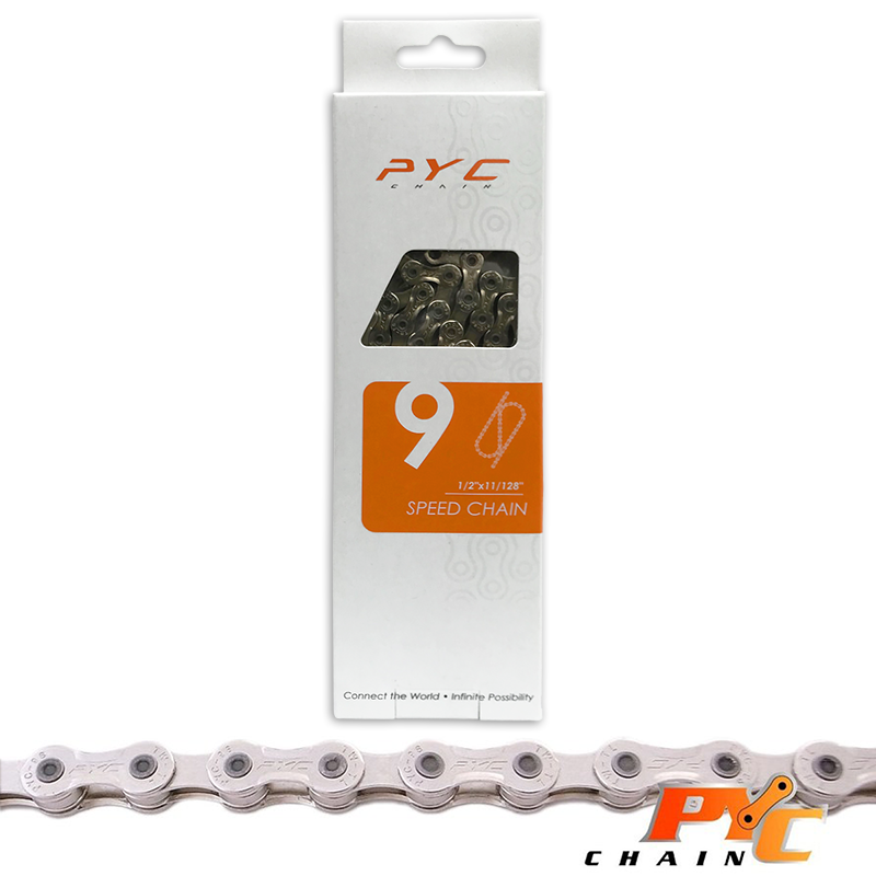 PYC Bicycle Chain 9V - Mushroom -formede stifter - Chrome Harden Tech - 116 Schakels