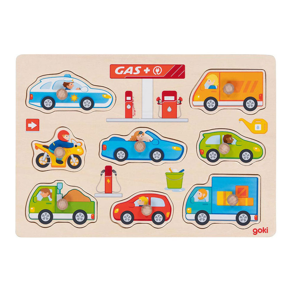 Goki Wooden Nick Puzzle Bezinstation, 8st.