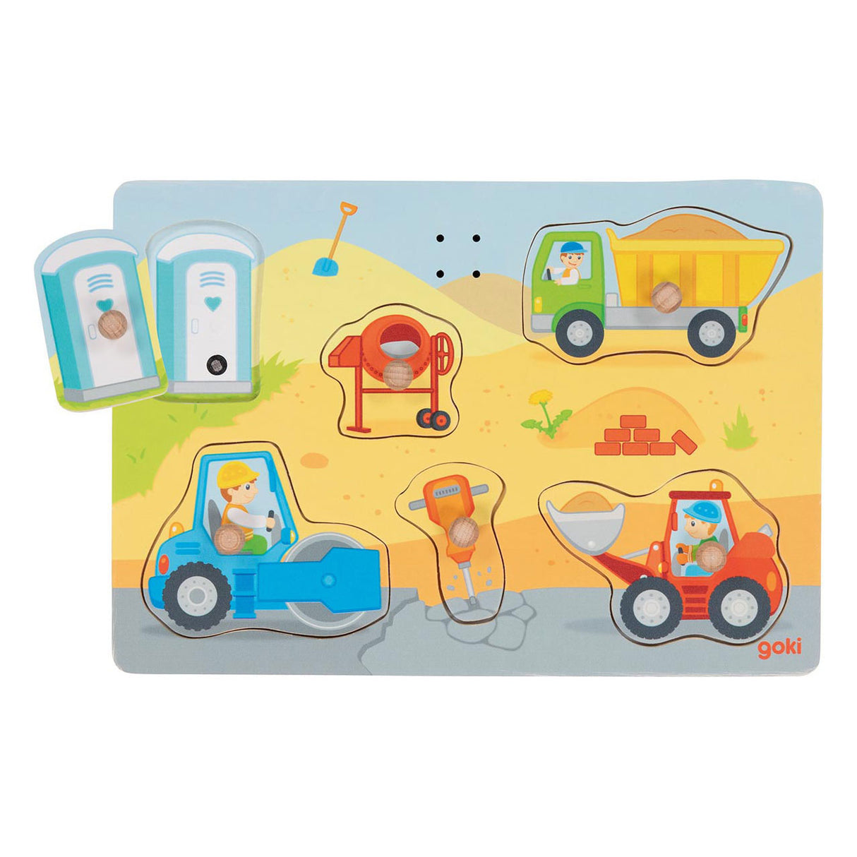 Goki wooden shape puzzle construction site with sound, 6st.