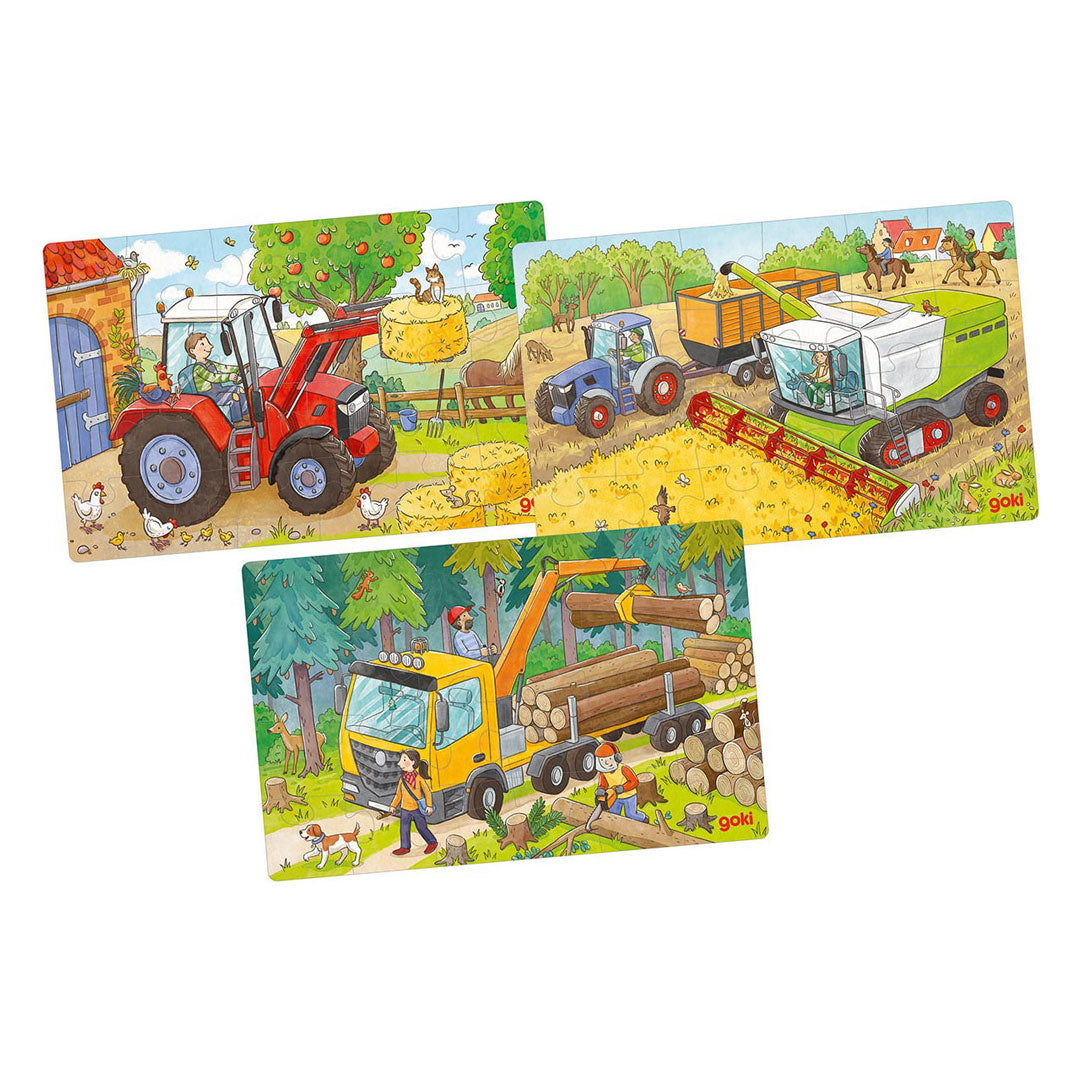 Veicoli per puzzle di gamba in legno Goki set di 3