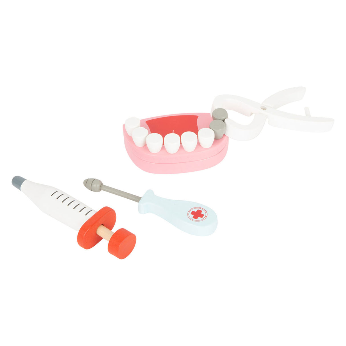 Drewniany lekarz i dentysta mała stopa ustawiona w walizce