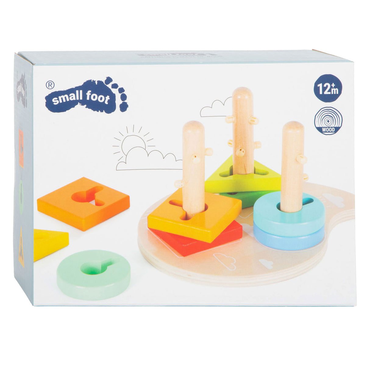 Small foot wooden shapes and sorted motor skapping toys, 10dlg.