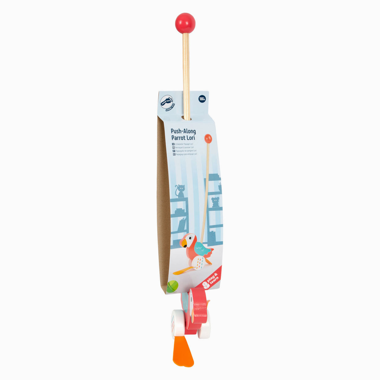 Figura di spinta in legno a piede pappagallo lori con bastone