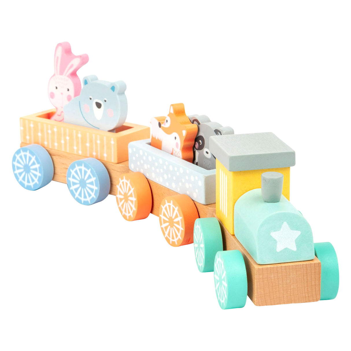 Treno di legno a piede con animali da foresta pastello, 9dlg.