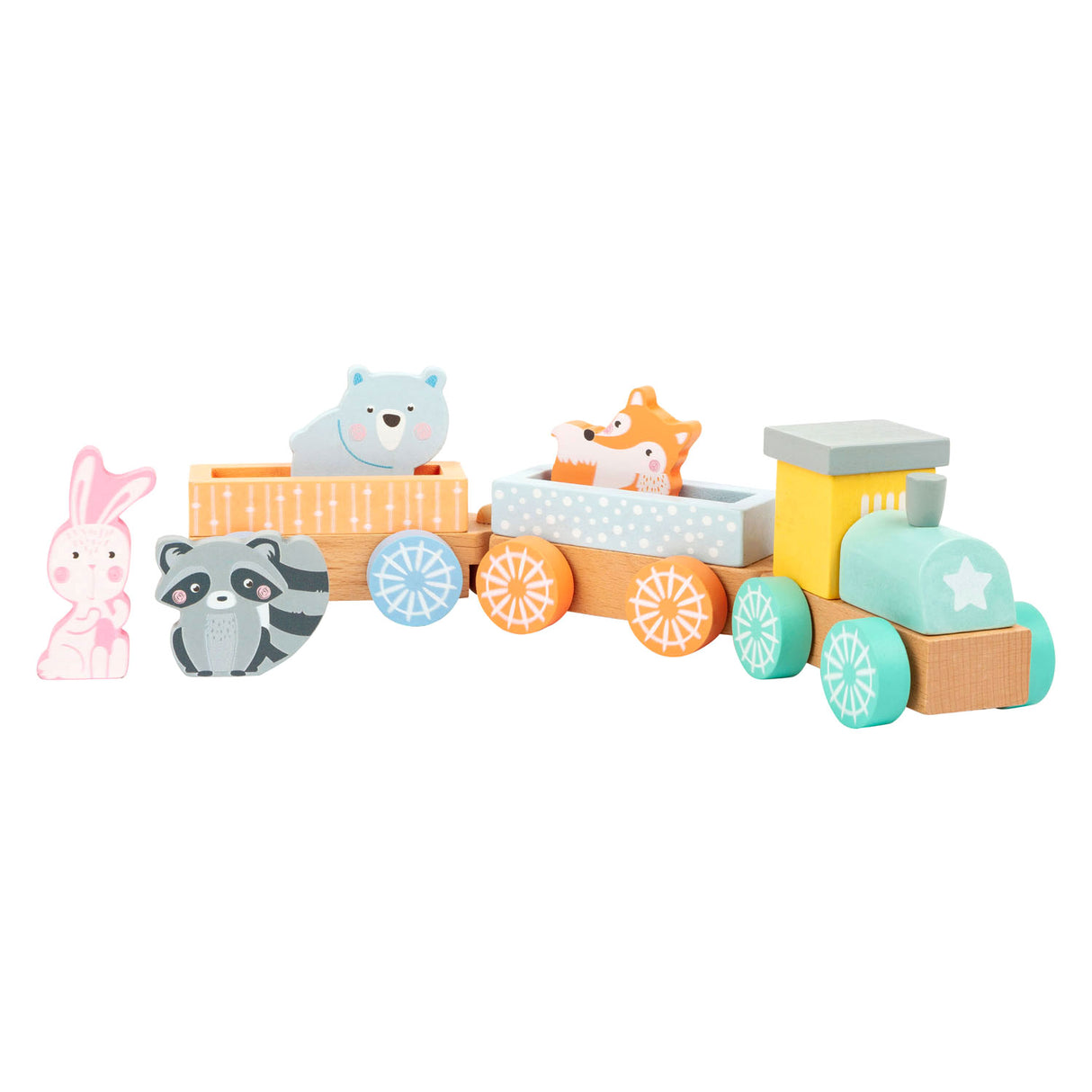 Treno di legno a piede con animali da foresta pastello, 9dlg.