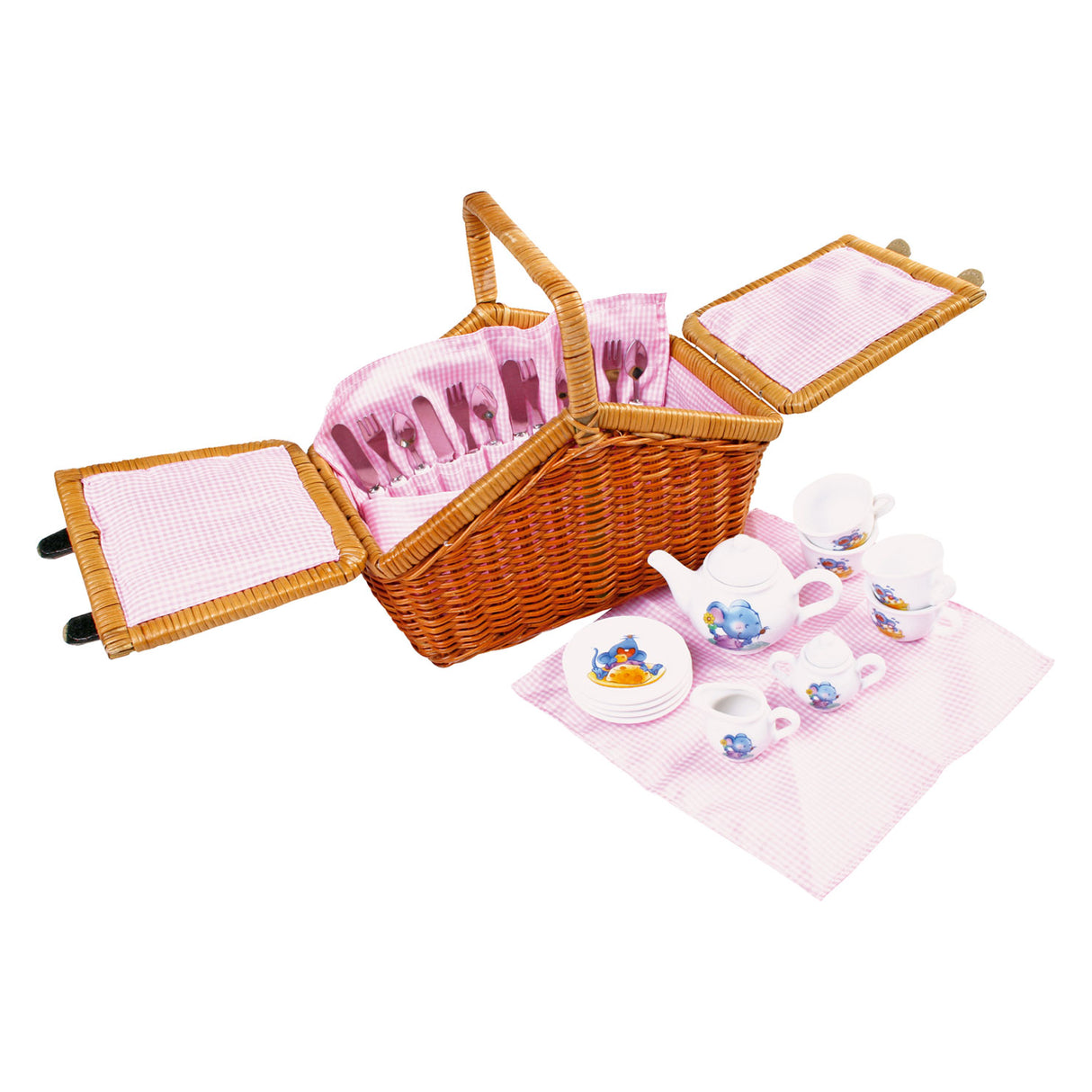 Cestino da picnic in legno a piede con stoviglie romantiche, 30dlg.