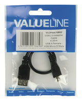 Valueline Valueline VLCP60570B02 USB 2.0 USB Micro B Mand USB En kvindelig adapterkabel 0,20 m sort