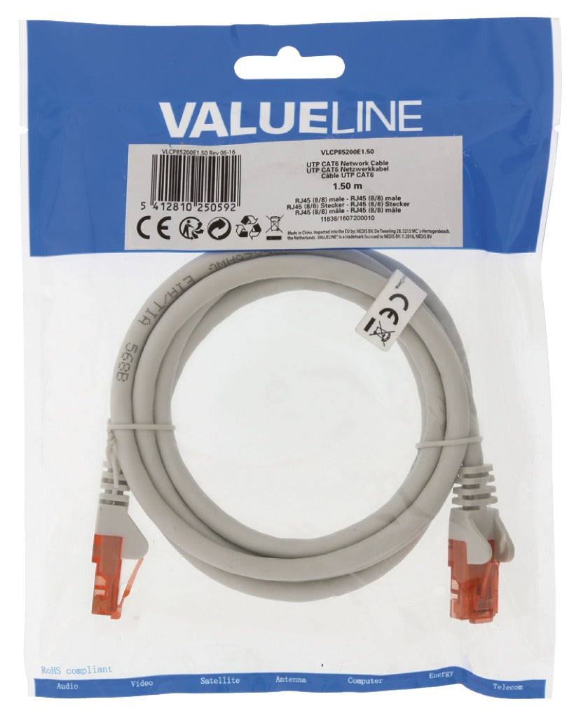 Valueline VLCP85200E1.50 Cavo di rete CAT6 UTP RJ45 (8 8) MASCHIO - RJ45 (8 8) Maschio 1,50 m grigio
