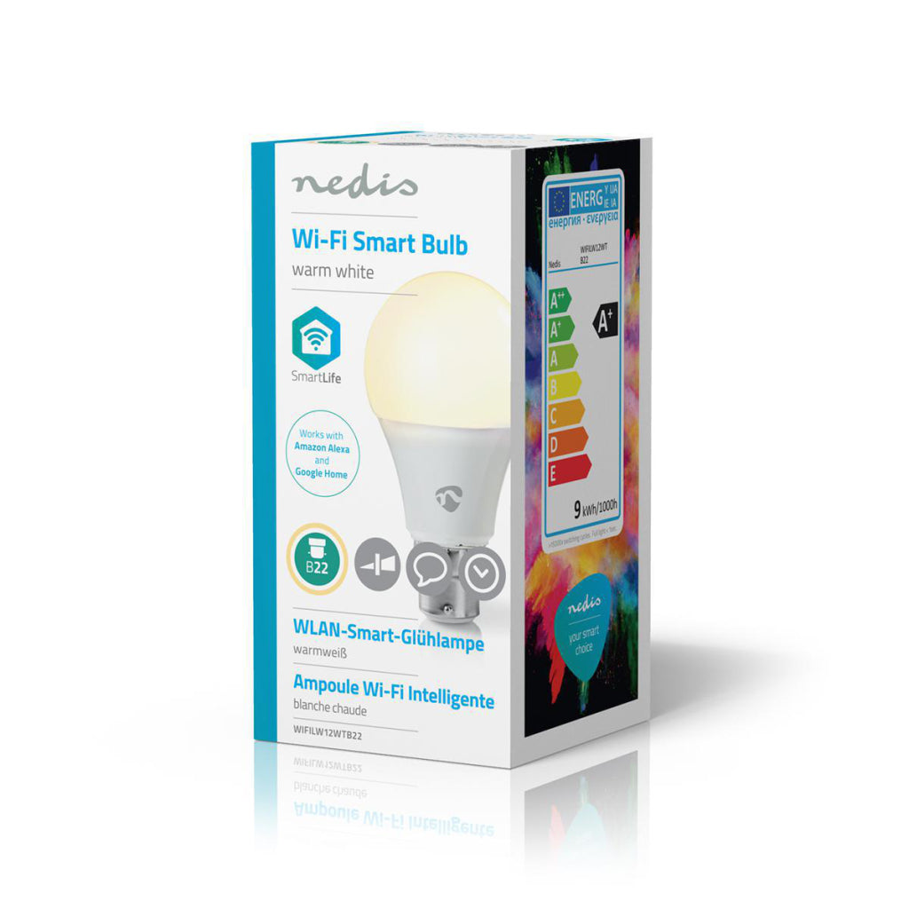 Nedis WIFILW12WTB22 SmartLife LED Bulbe Wi-Fi B22 800 LM 9 W WHITE CLASSE DE 2700 K CLASSE D'ÉNERGIE: A + Android; iOS A60
