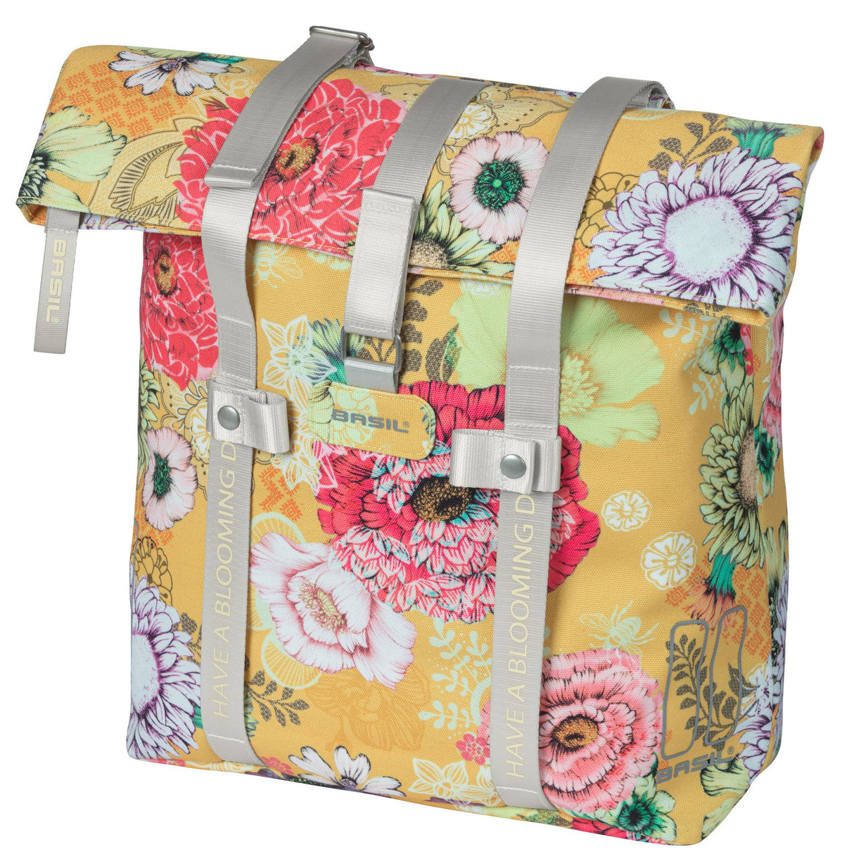 Basil Bloom Field bicycle shopper, yellow, recycled cap, waterproof, adjustable shoulder strap