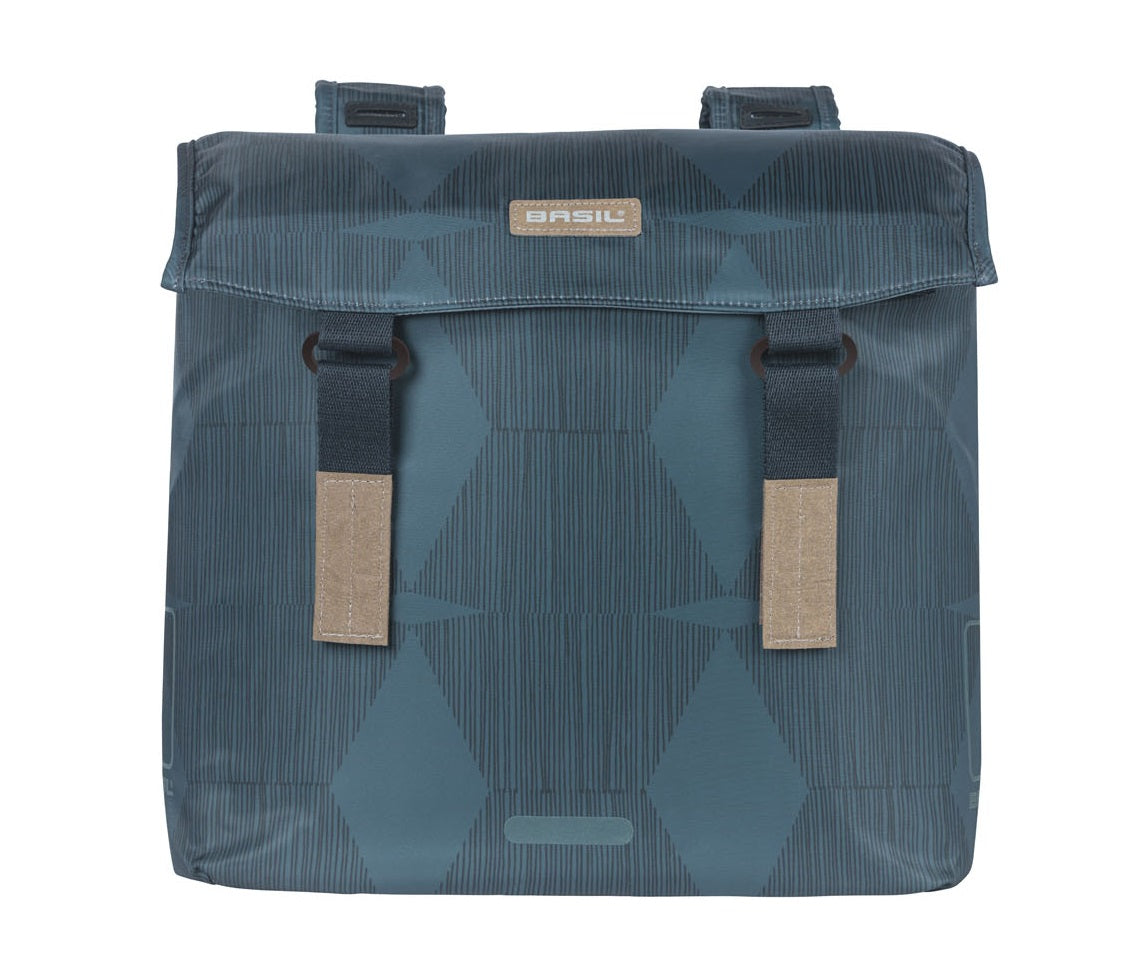 Basil Elegance Double Bicycle Bag, Blue, Recycled PET, Feeded, Water retaining closure, Universal Bridge, 40-49L