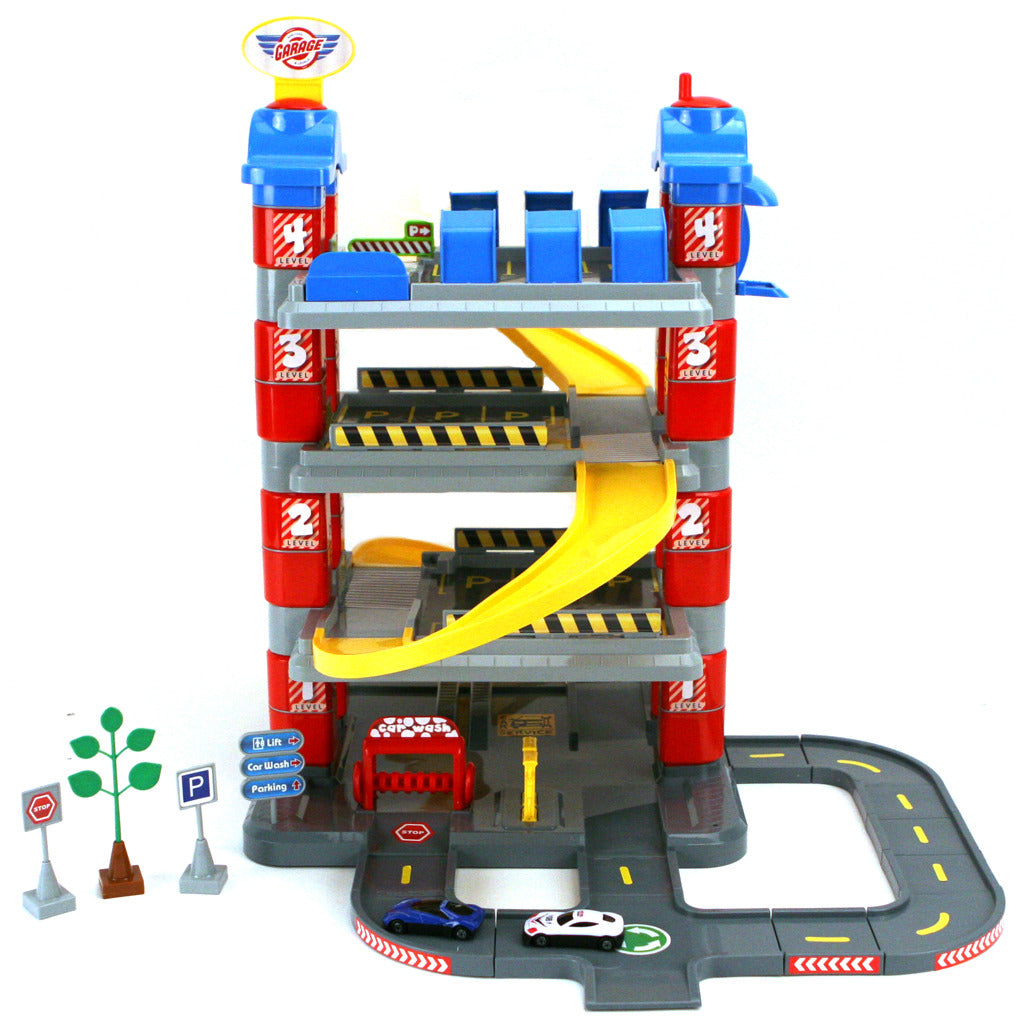 Dolu dolu york garage with 4 floors 2 die-cast car #039; s 2 traffic signs tree