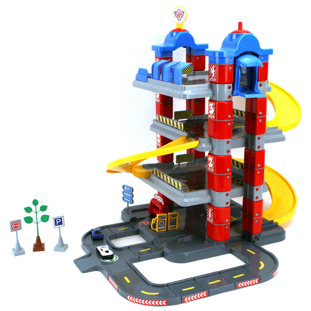 Dolu dolu york garage with 4 floors 2 die-cast car #039; s 2 traffic signs tree