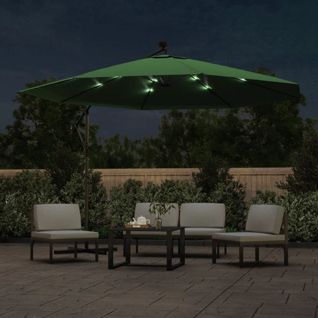 Parasol flotante de Vidaxl con iluminación LED y poste de metal de 350 cm verde