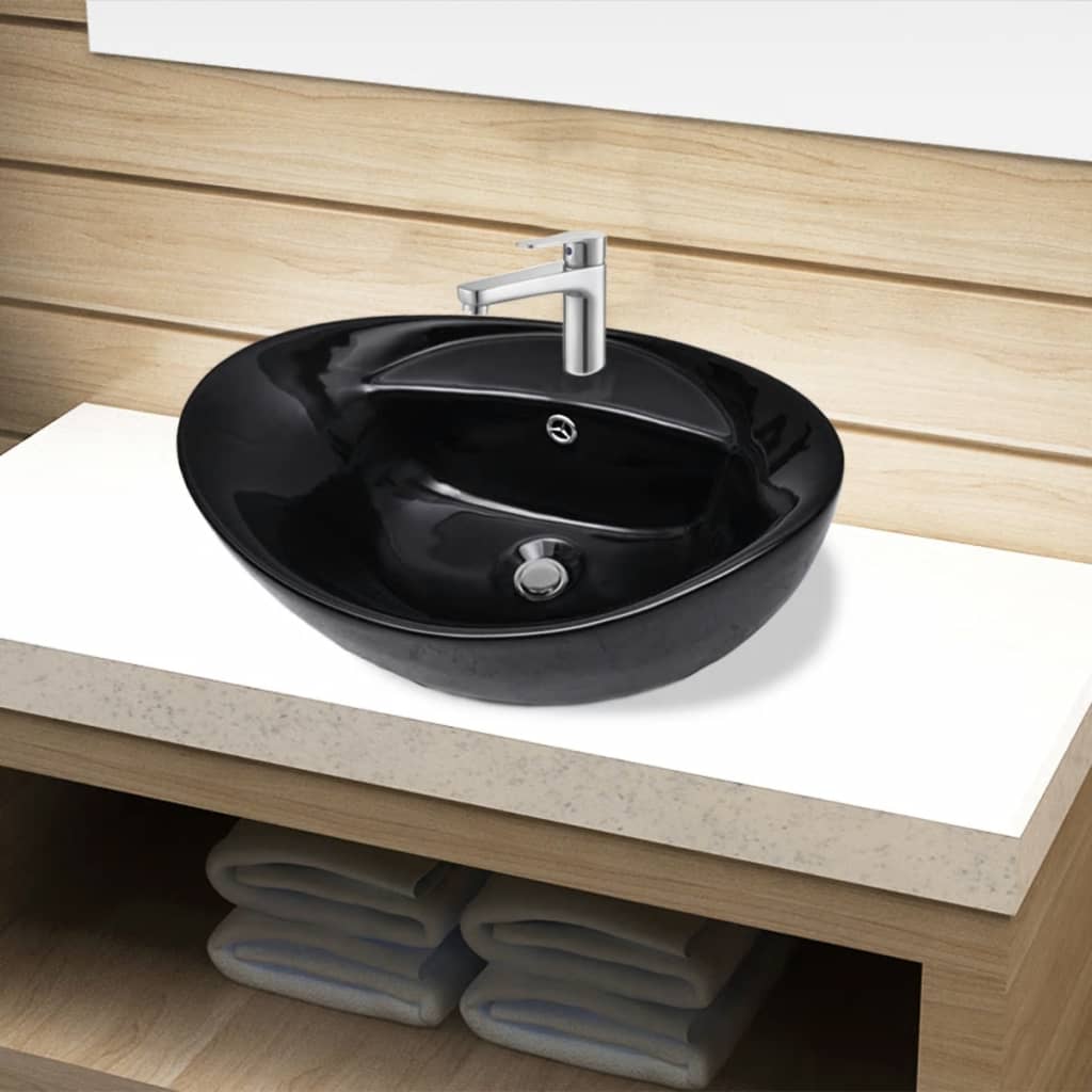 Vidaxl Washbasin con overflow, ceramica, ovale, nero