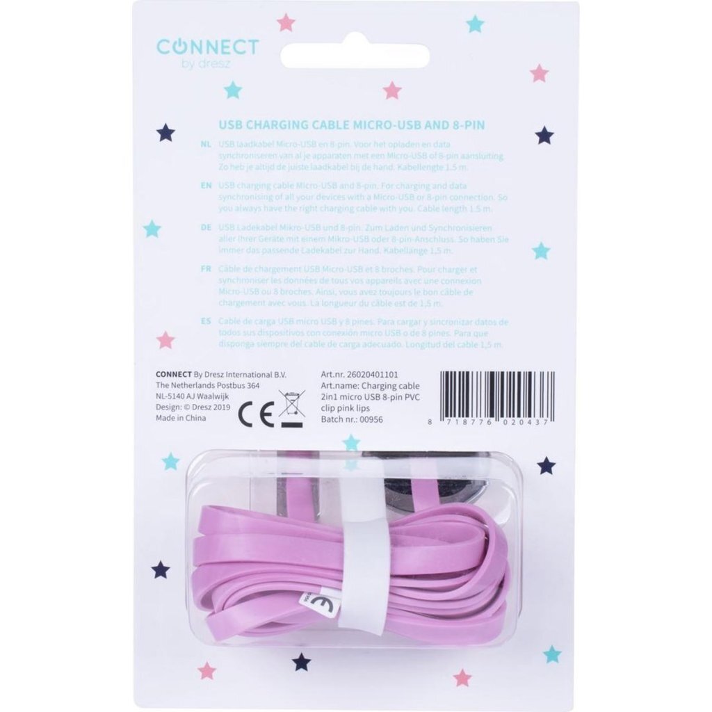 Kangaro K-58191006 Dresz 2in1 Micro-USB charging cable + pin lips pink