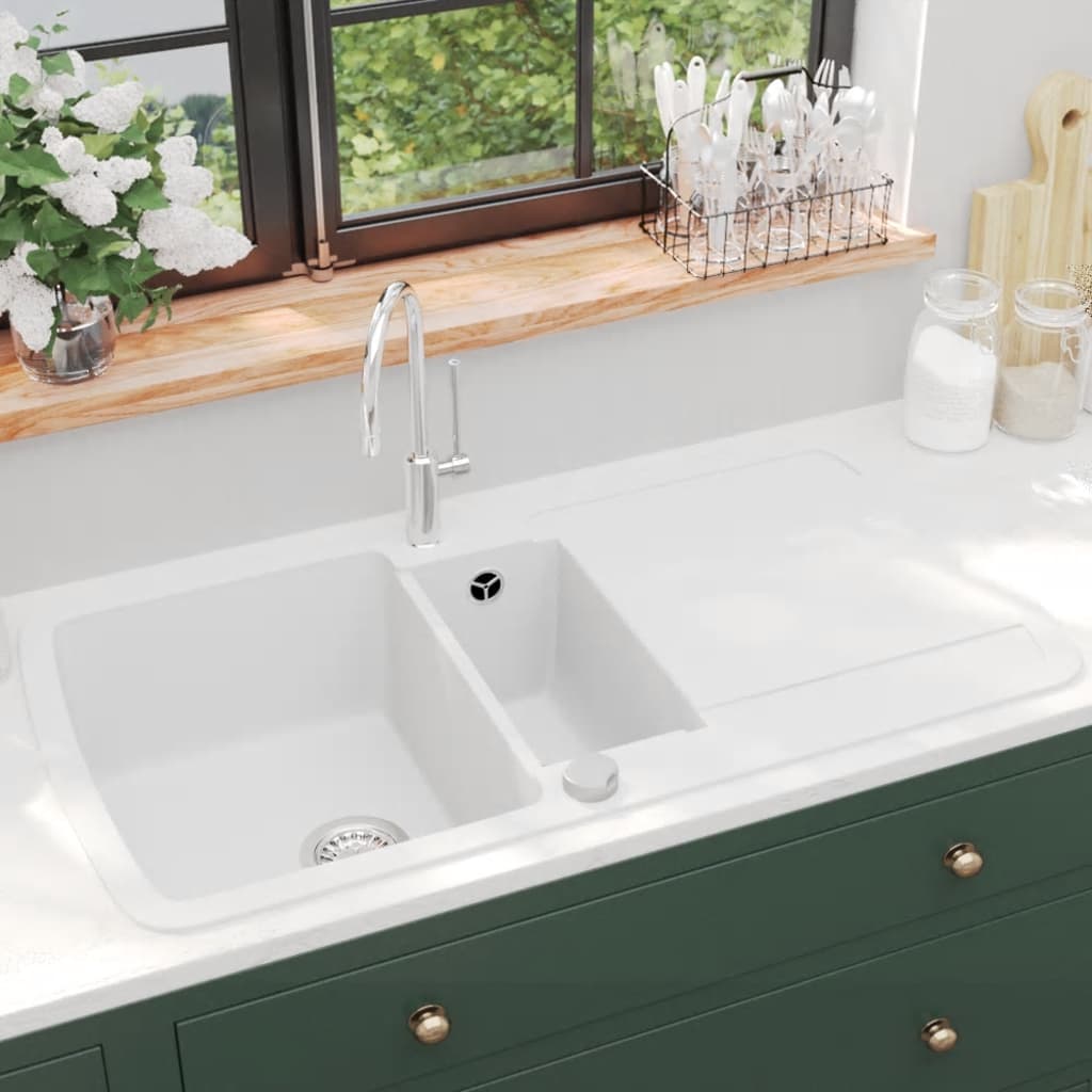 Vidaxl Sink Double Bins Granit weiß