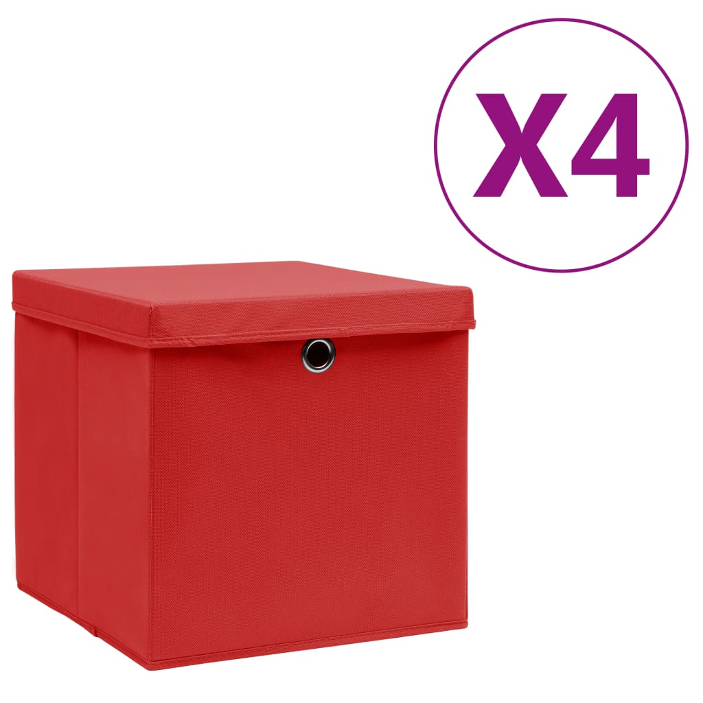 Úložné boxy Vidaxl s víkem 4 ks 28x28x28 cm červená