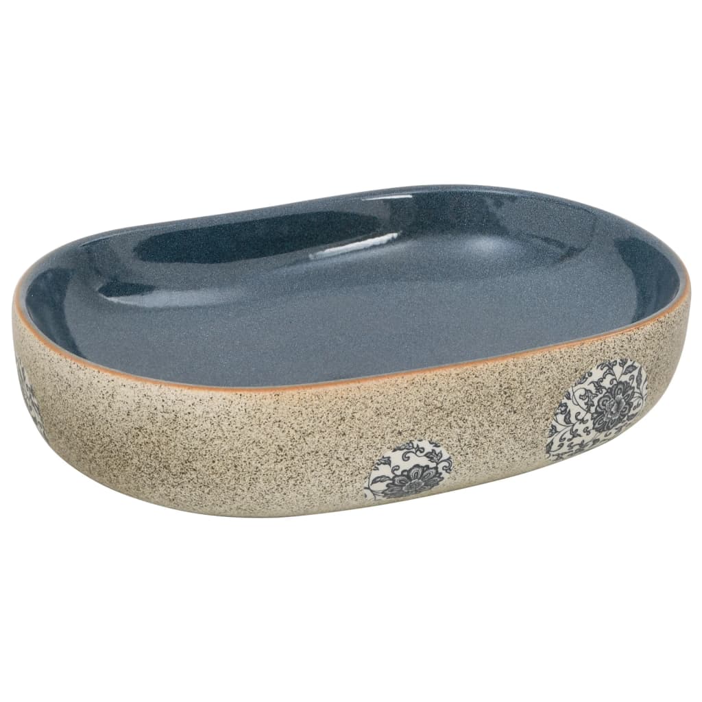Vidaxl opzetwasbak ovaal 59x40x14 cm keramiek zandkleurig en blauw