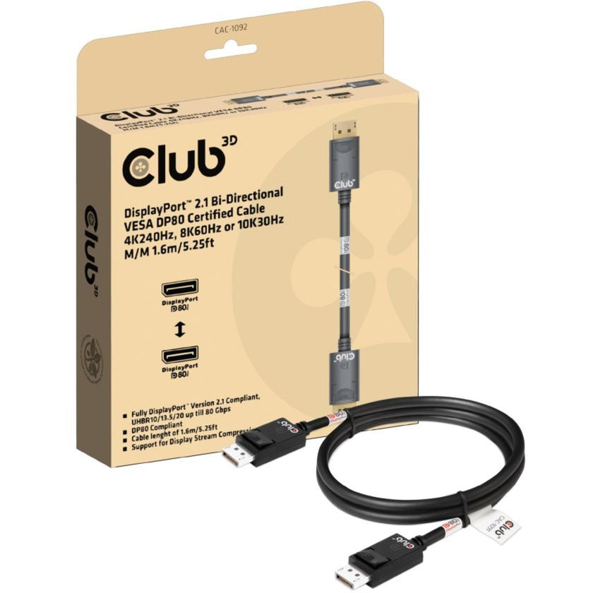 Club 3D DisplayPort 2.1 Bi-riktning VESA DP80-certifierad