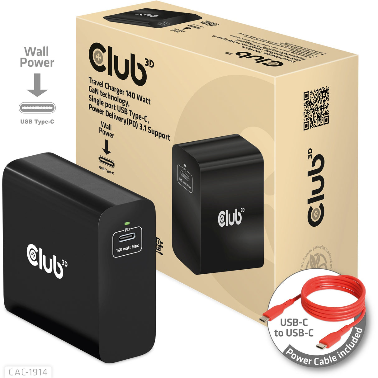Club 3D Rejseoplader 140 Watt GaN -teknologi, enkelt POR