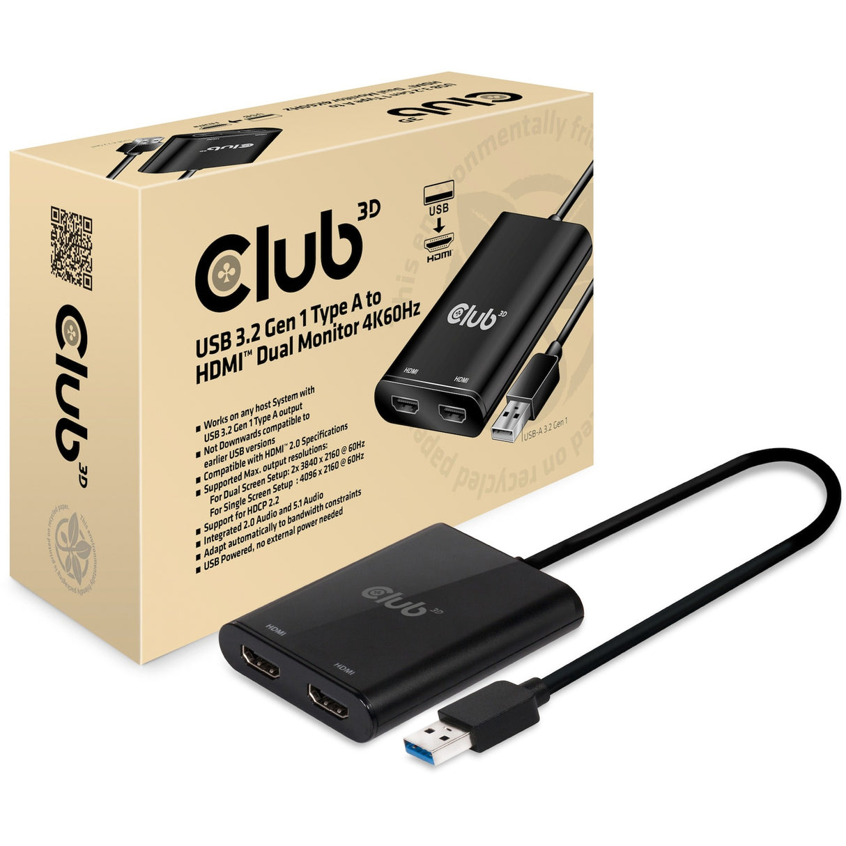 Club 3D USB 3.2 Gen1 tippt a bis HDMI DIAL Monitor 4k 60hz