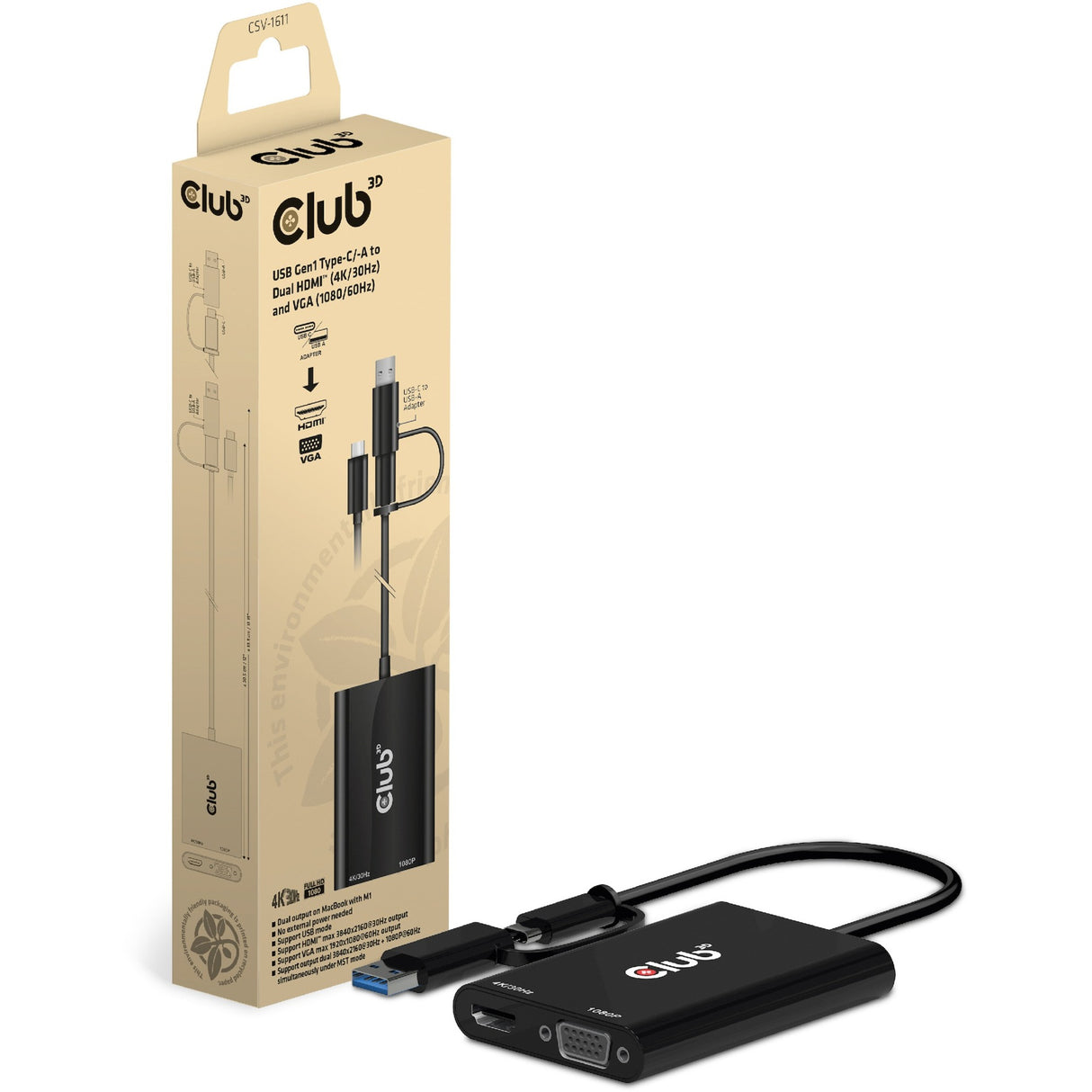 Club 3D USB Gen1 typ -c -a zu Dual HDMI (4K 30hz) vga (1