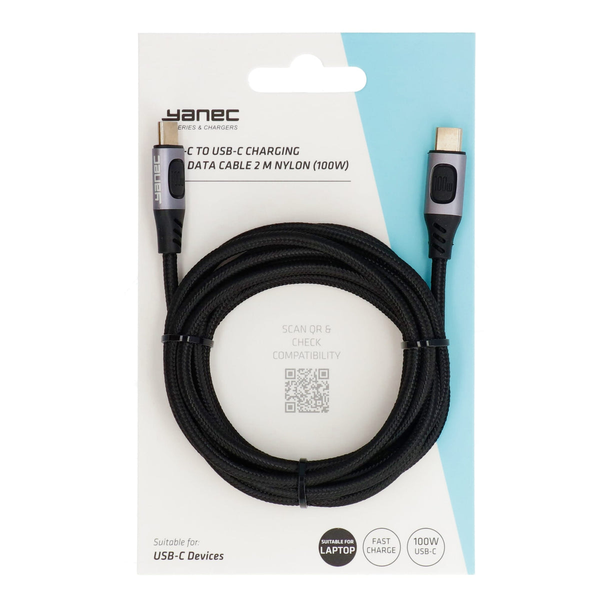 YANEC USB-C à USB-C Charge et câble de données Nylon 2M (100W)