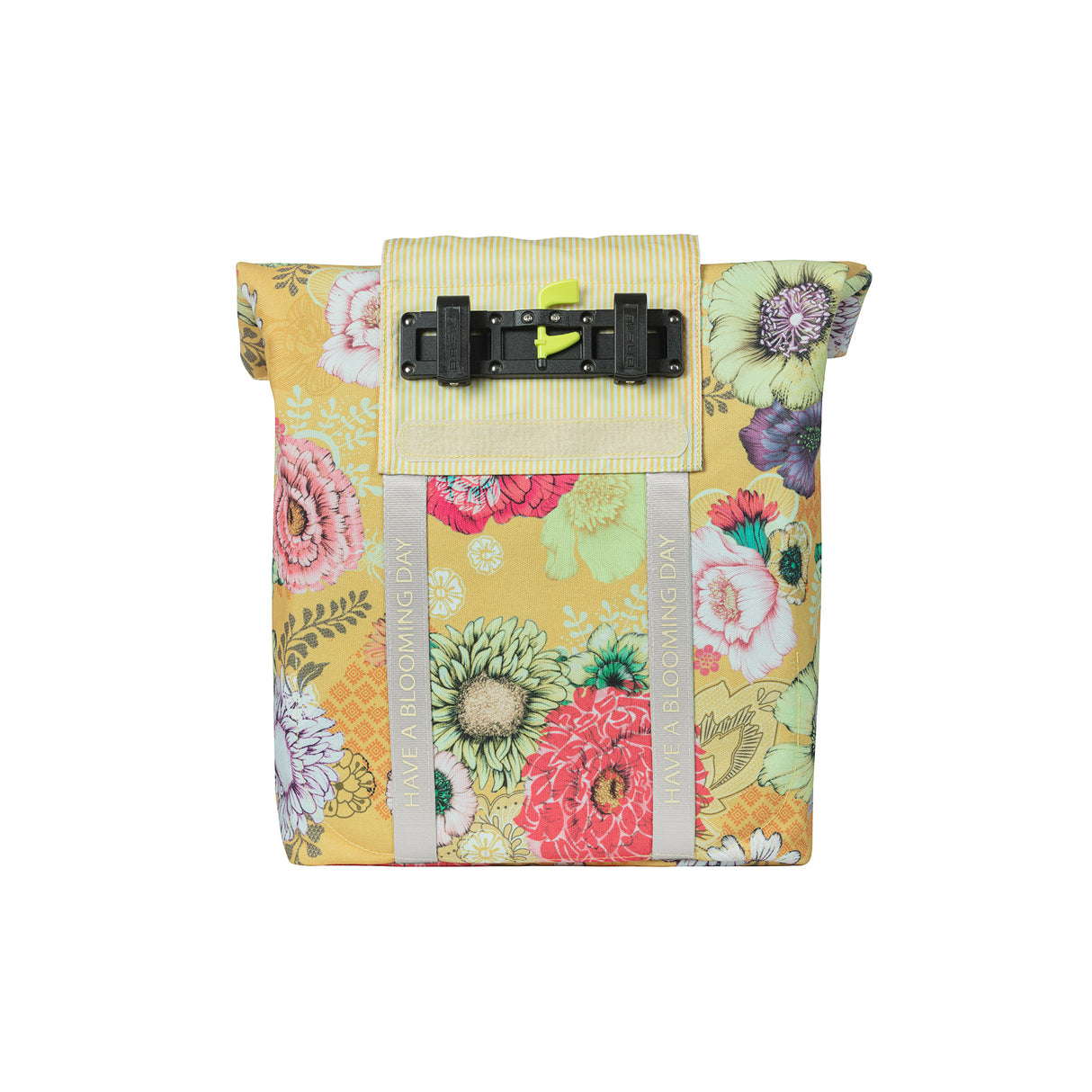 Basil Bloom Field bicycle shopper, yellow, recycled cap, waterproof, adjustable shoulder strap