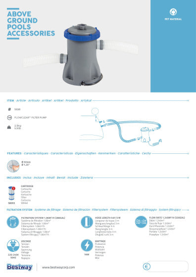 Bomba de filtro de cartrido de Bestway 1.2 m³ u 12v gris