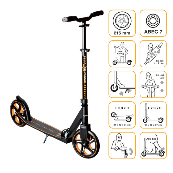 Muuwmi 2-wheel Kinderstep Foldable foot brake Black Orange