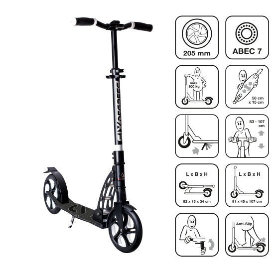 Seks grader 2-hjulsscooter med frontfjæring sammenleggbar fotbremsesvart