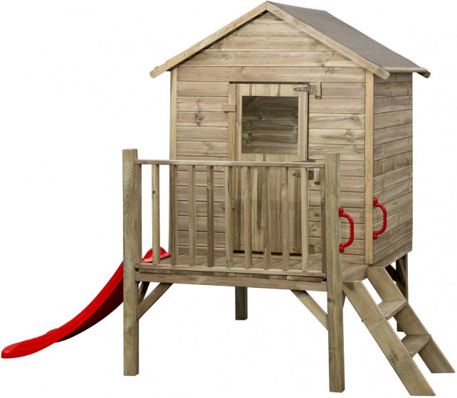 Swinging Camilla Wooden Playhouse with Natural Red slide