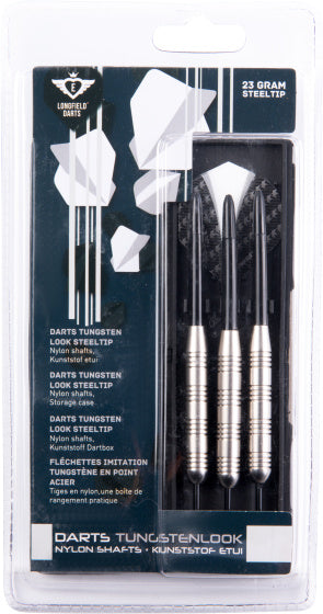 Longfield Darts Steeldip DartSspijl Set 23 Gramm Sëlwer schwaarz 3 Stécker