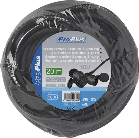 ProPlus Extension Cable Schuko 3 gange 20 meter 3x1,5 mm² sort
