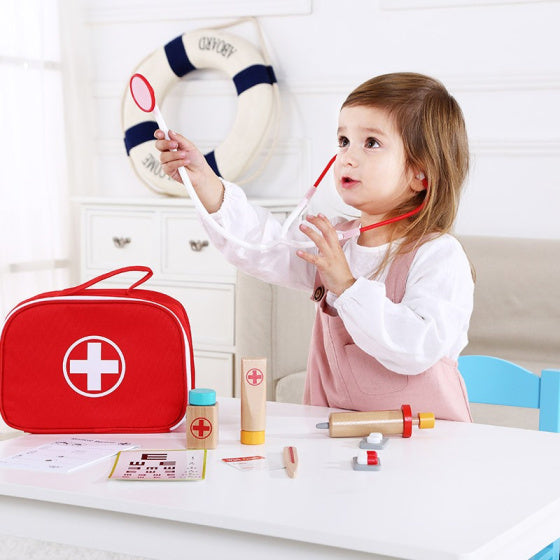 Deckege Spillsaachen kleng Dokter Holz Spill Set Red 11-Stéck